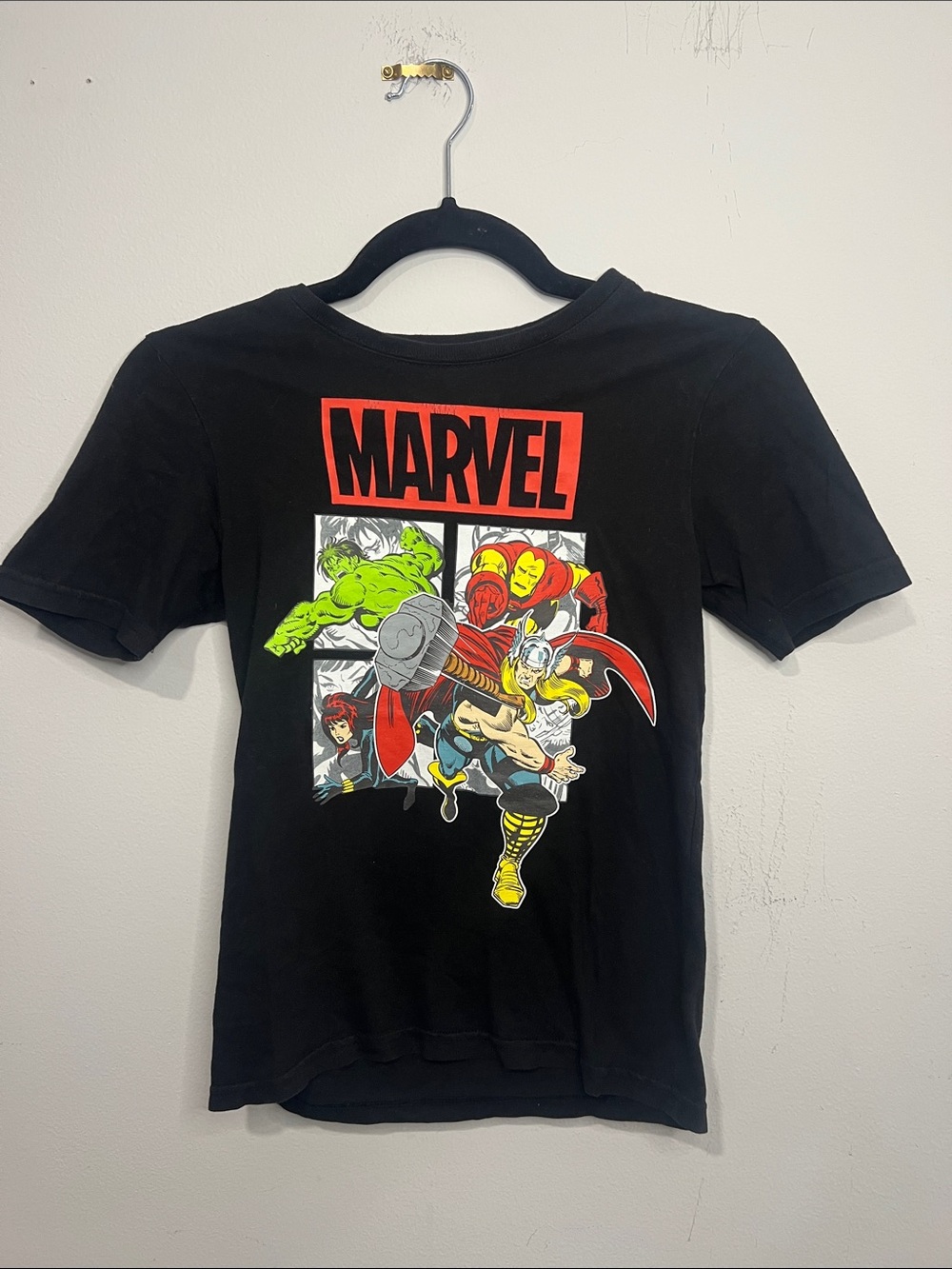Marvel Black Short Sleeve Tee with Colorful Superhero Panel